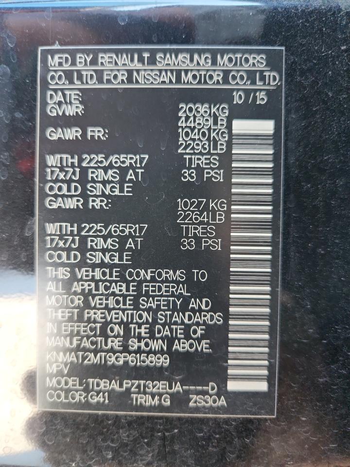 2016 Nissan Rogue S VIN: KNMAT2MT9GP615899 Lot: 85874465