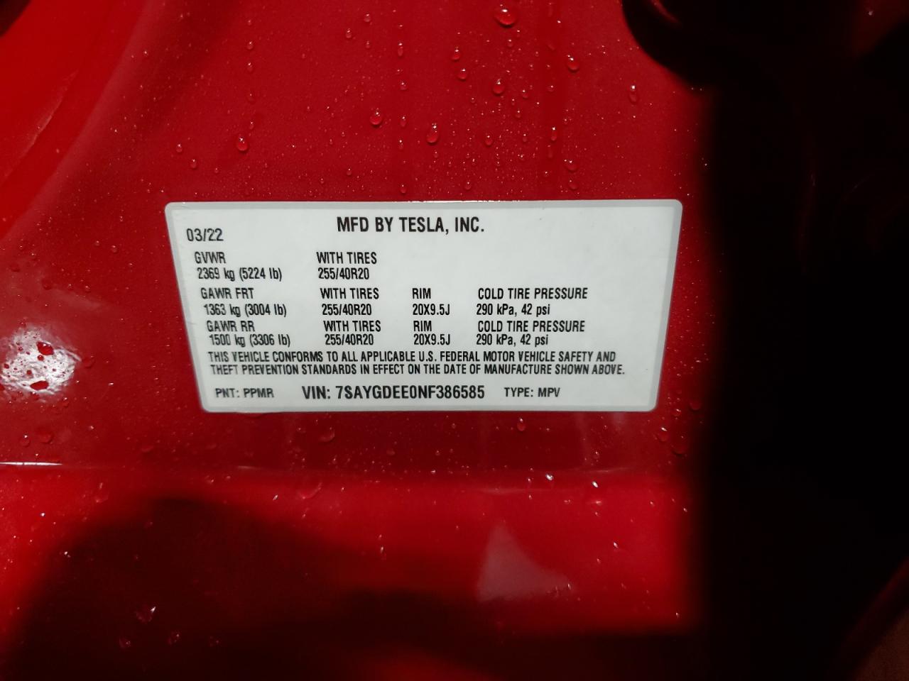 2022 Tesla Model Y VIN: 7SAYGDEE0NF386585 Lot: 85942445