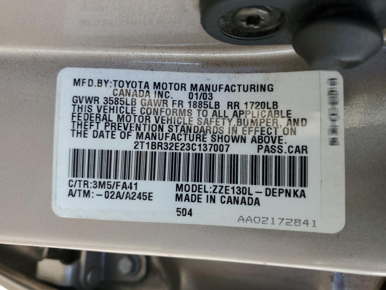 2003 Toyota Corolla VIN: 2T1BR32E23C137007 Lot: 81948715