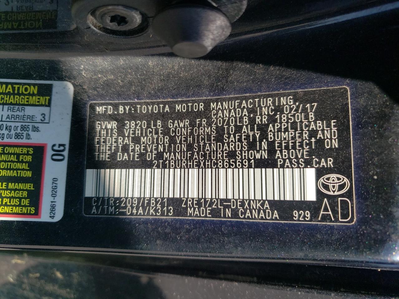 2017 Toyota Corolla L VIN: 2T1BURHEXHC865691 Lot: 82334365