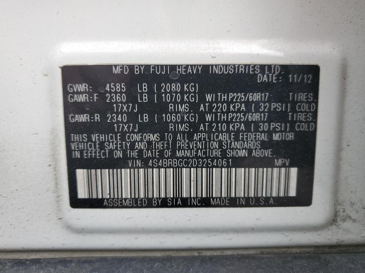 2013 Subaru Outback 2.5I Premium VIN: 4S4BRBGC2D3254061 Lot: 82456275