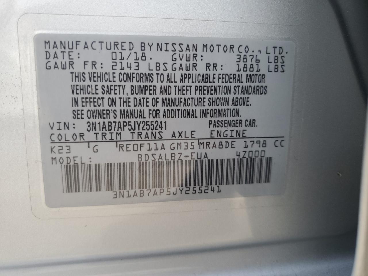 2018 Nissan Sentra S VIN: 3N1AB7AP5JY255241 Lot: 85388865