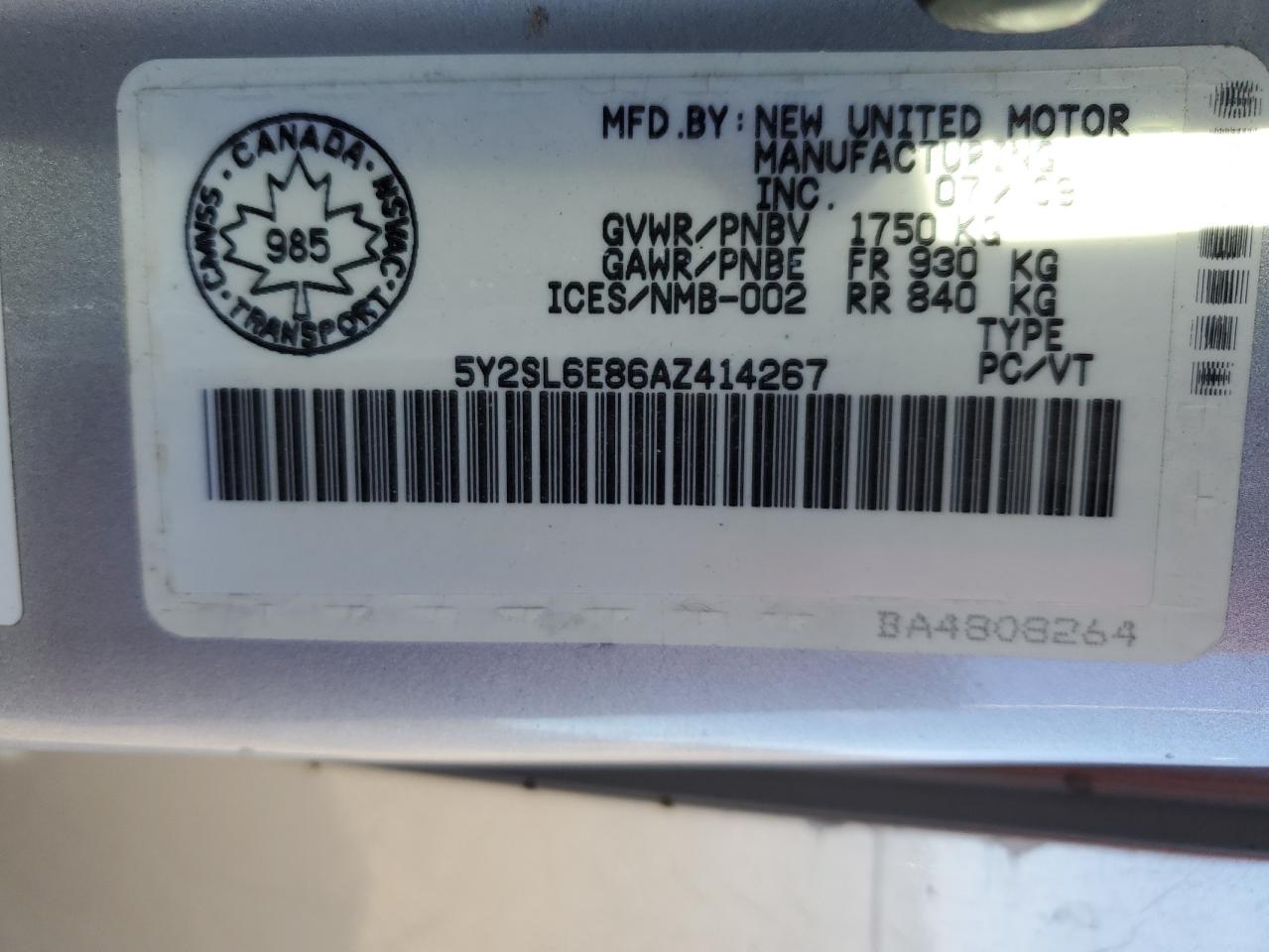 2010 Pontiac Vibe VIN: 5Y2SL6E86AZ414267 Lot: 85321115