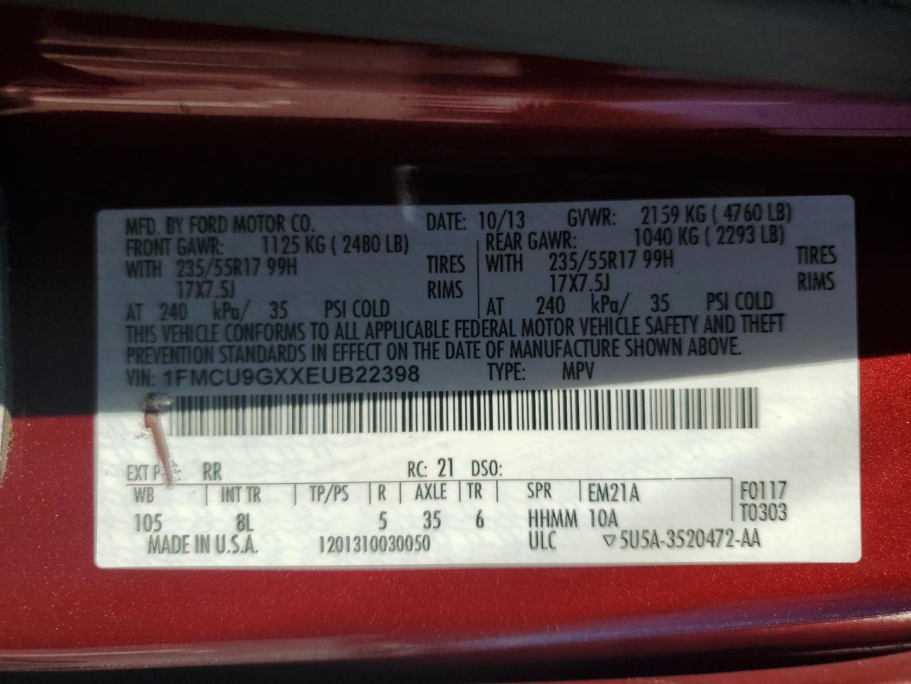 2014 Ford Escape Se VIN: 1FMCU9GXXEUB22398 Lot: 82693835