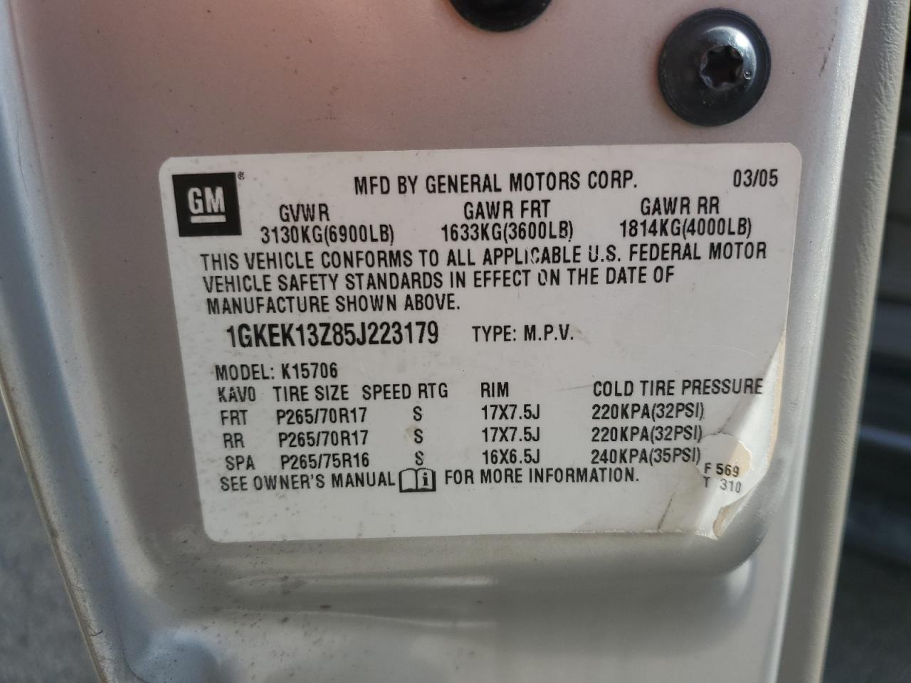 2005 GMC Yukon VIN: 1GKEK13Z85J223179 Lot: 85369275