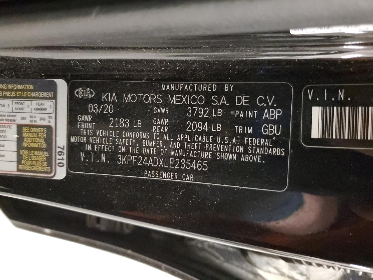 2020 Kia Forte Fe VIN: 3KPF24ADXLE235465 Lot: 87281035