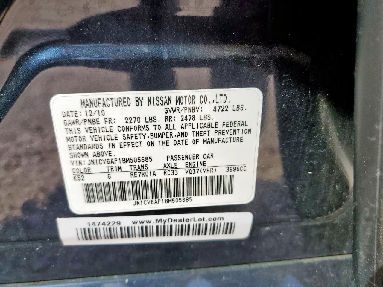 2011 Infiniti G37 Base VIN: JN1CV6AP1BM505685 Lot: 84986655