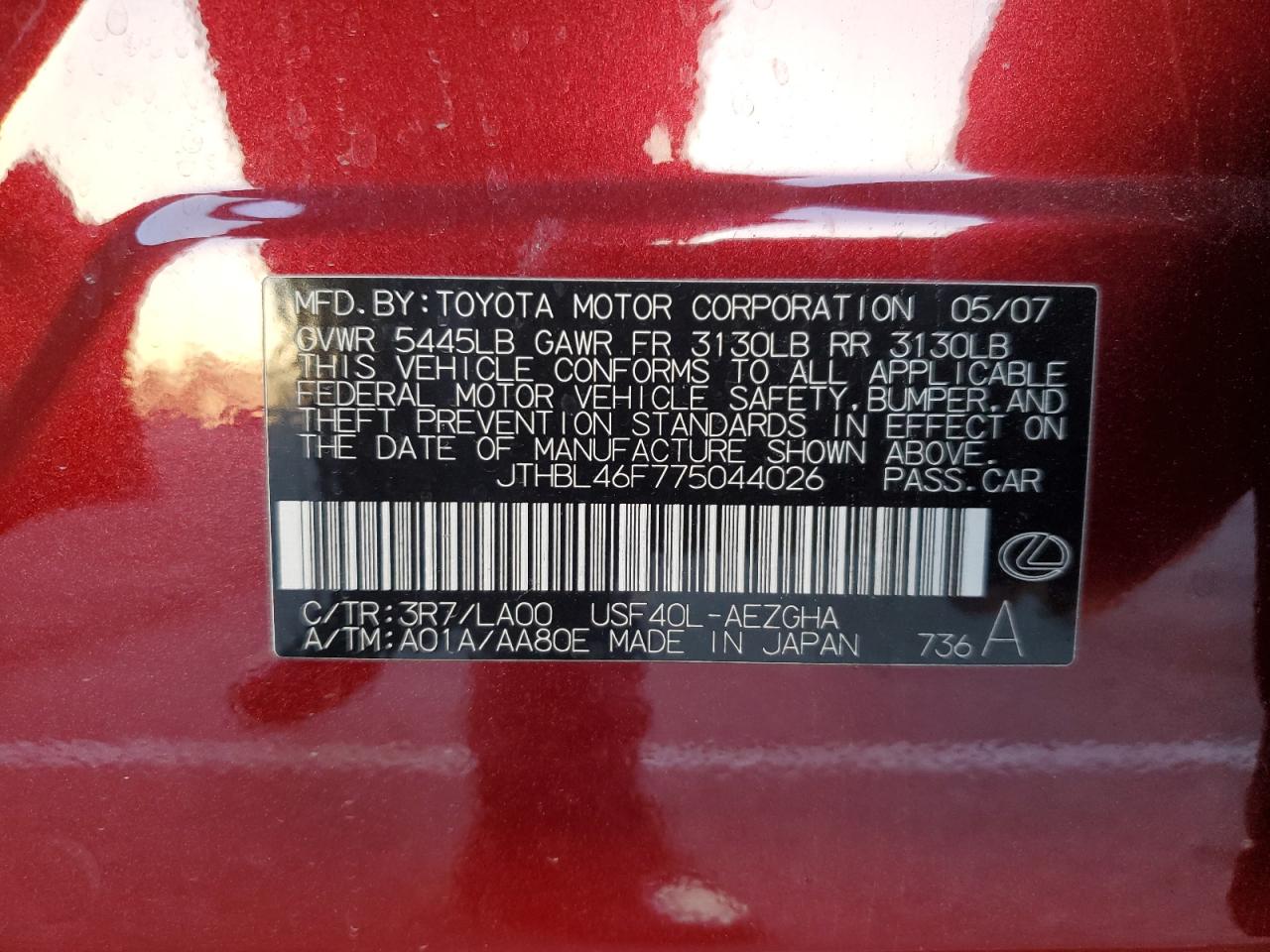 2007 Lexus Ls 460 VIN: JTHBL46F775044026 Lot: 81933005