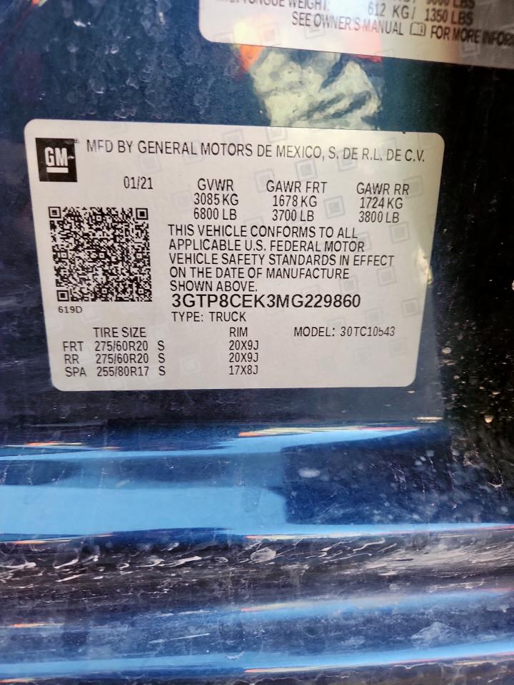 2021 GMC Sierra C1500 Elevation VIN: 3GTP8CEK3MG229860 Lot: 87432705