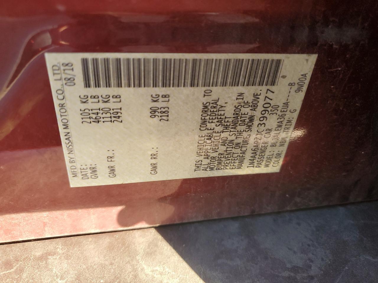 2018 Nissan Maxima 3.5S VIN: 1N4AA6AP2JC399077 Lot: 82560055