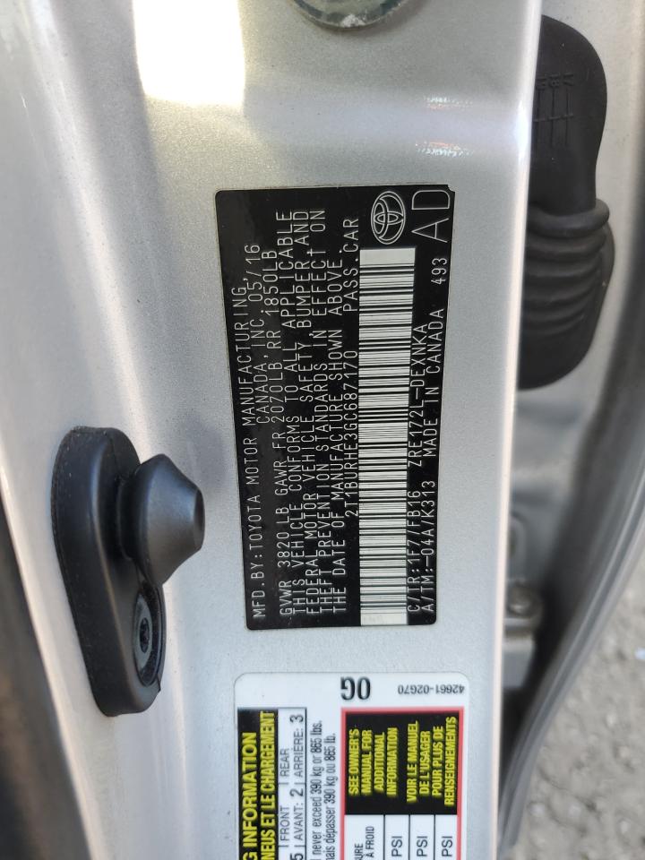 2016 Toyota Corolla L VIN: 2T1BURHE3GC687170 Lot: 84954295