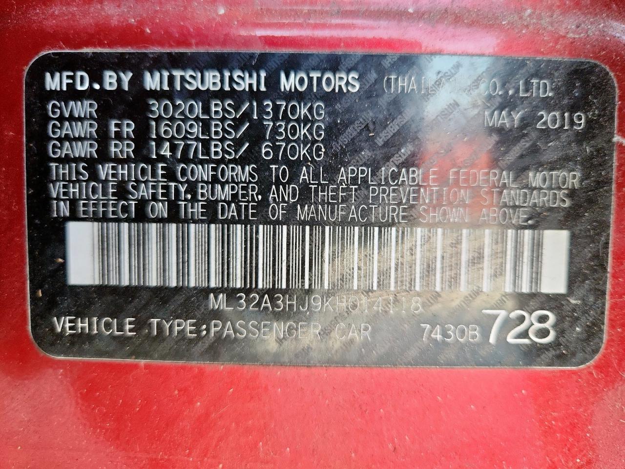 2019 Mitsubishi Mirage Es VIN: ML32A3HJ9KH014118 Lot: 84942365