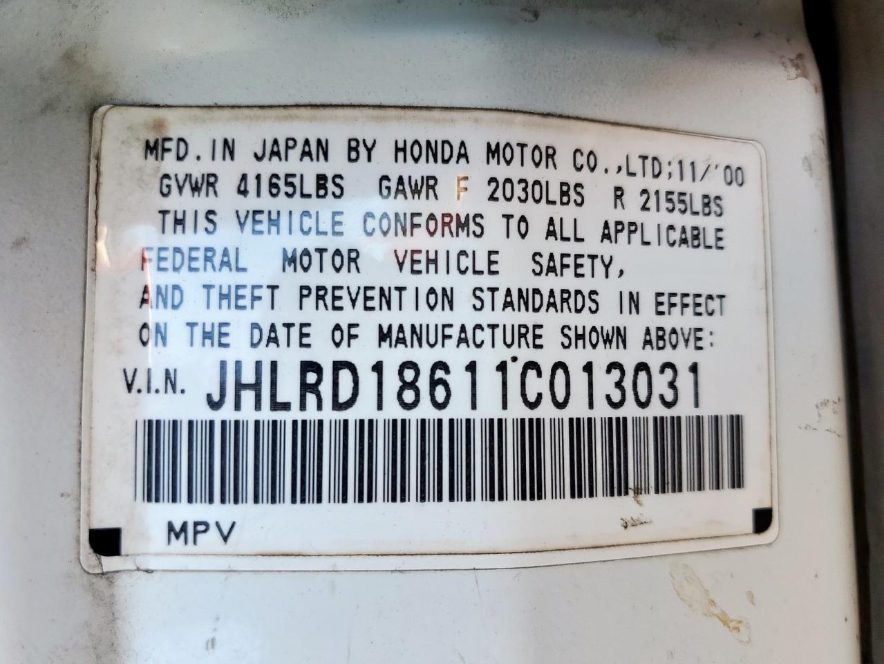 2001 Honda Cr-V Ex VIN: JHLRD18611C013031 Lot: 85927975