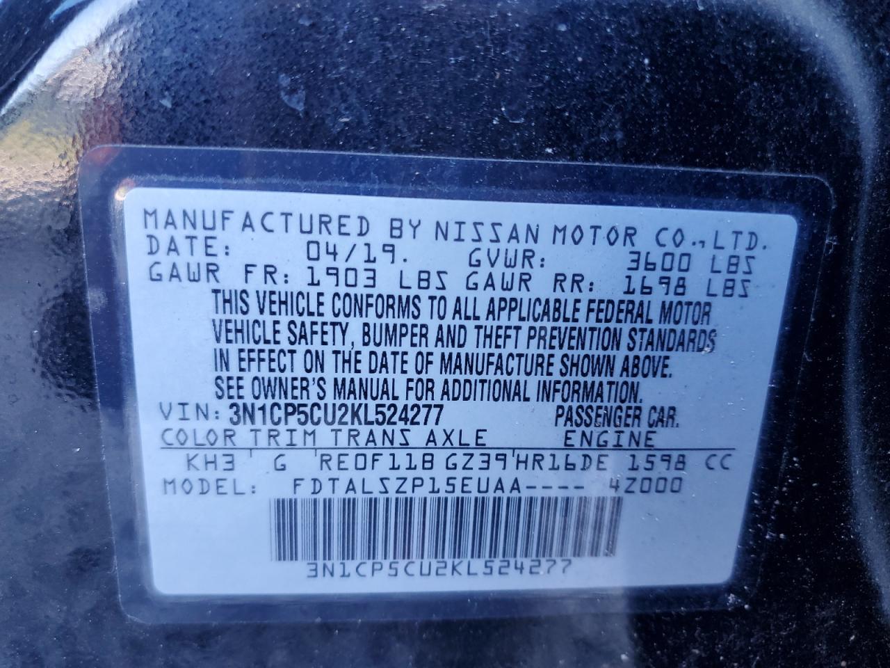 2019 Nissan Kicks S VIN: 3N1CP5CU2KL524277 Lot: 90824665