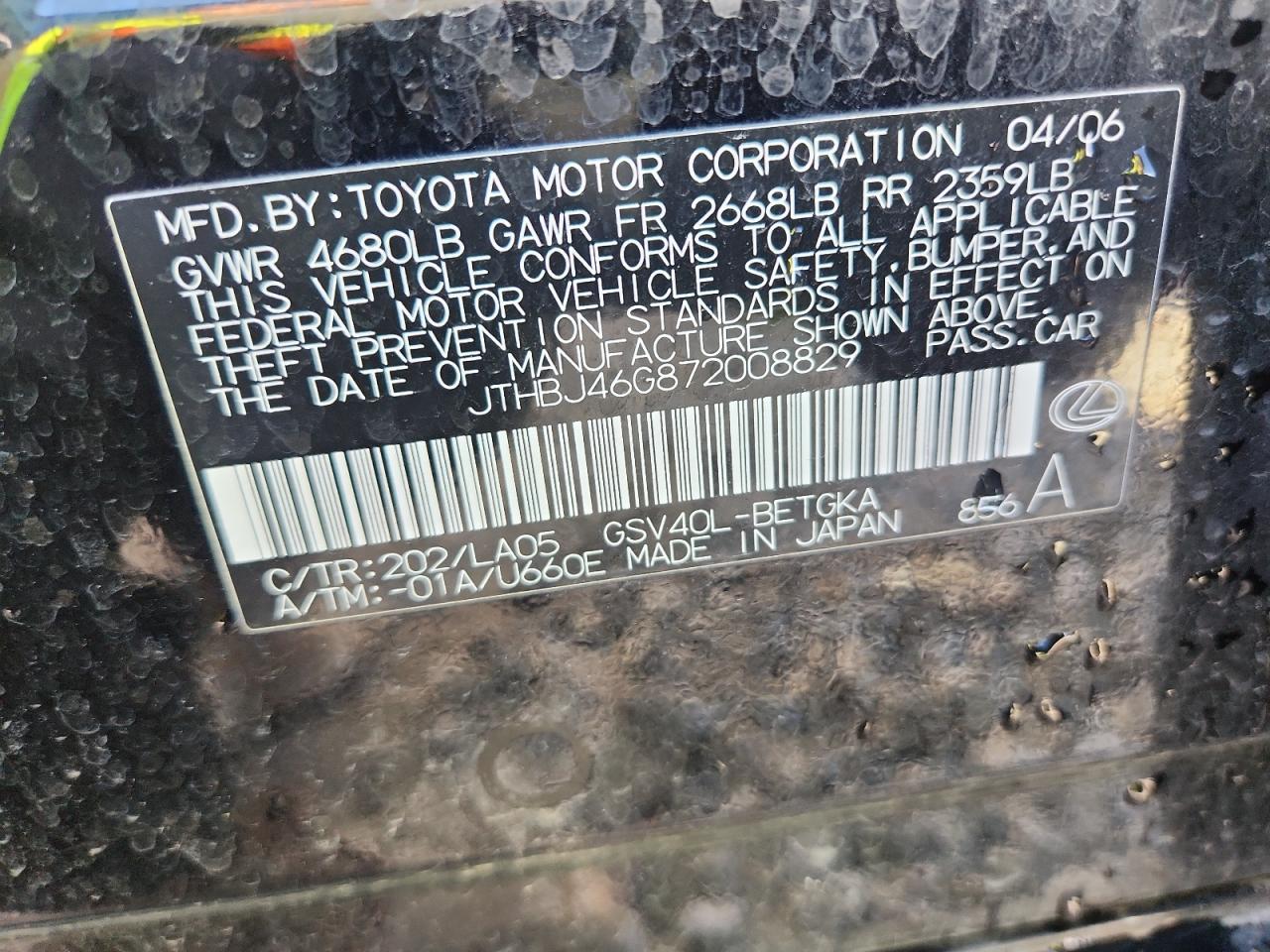 2007 Lexus Es 350 VIN: JTHBJ46G872008829 Lot: 85518765