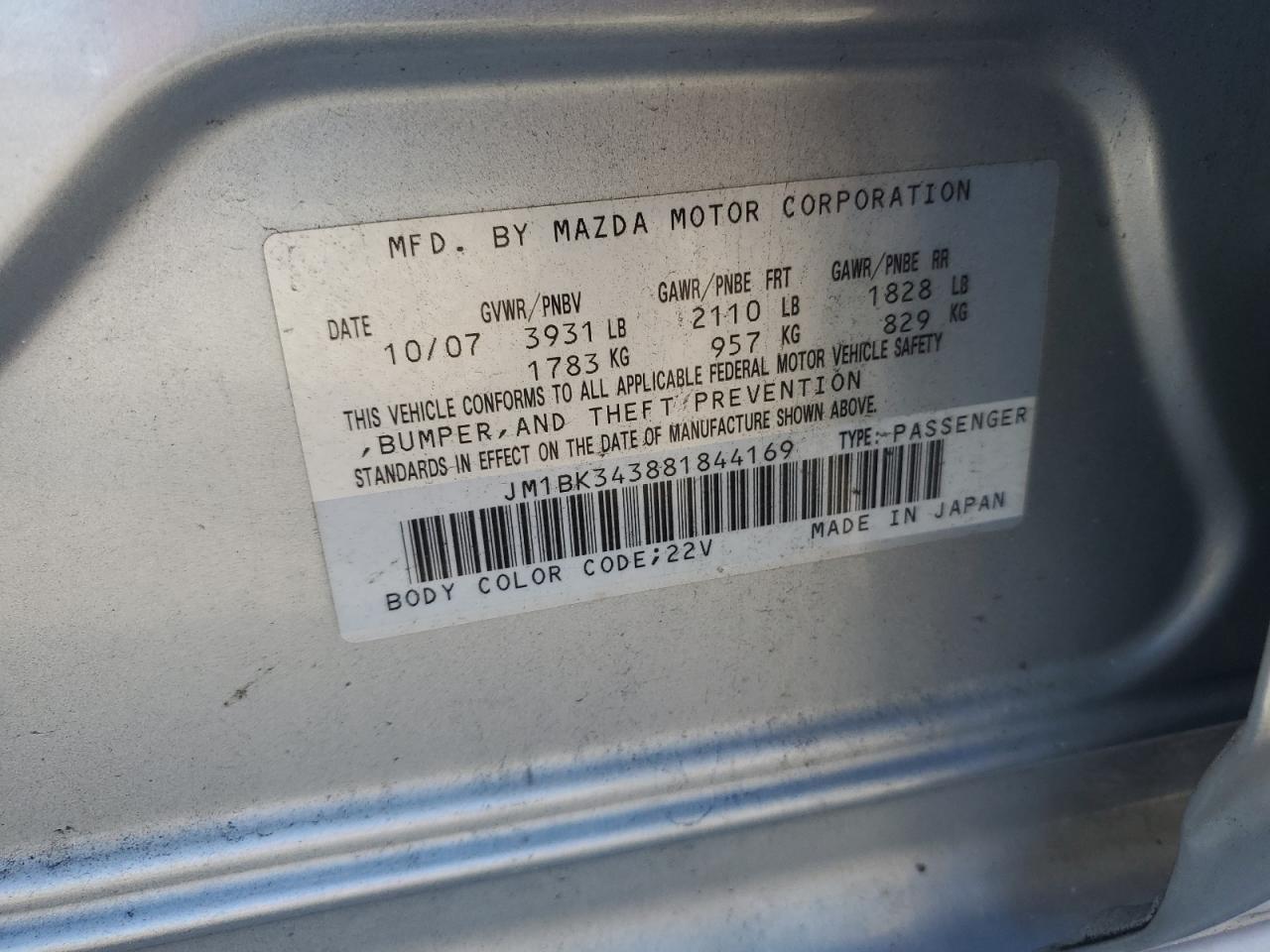 2008 Mazda 3 Hatchback VIN: JM1BK343881844169 Lot: 85916335