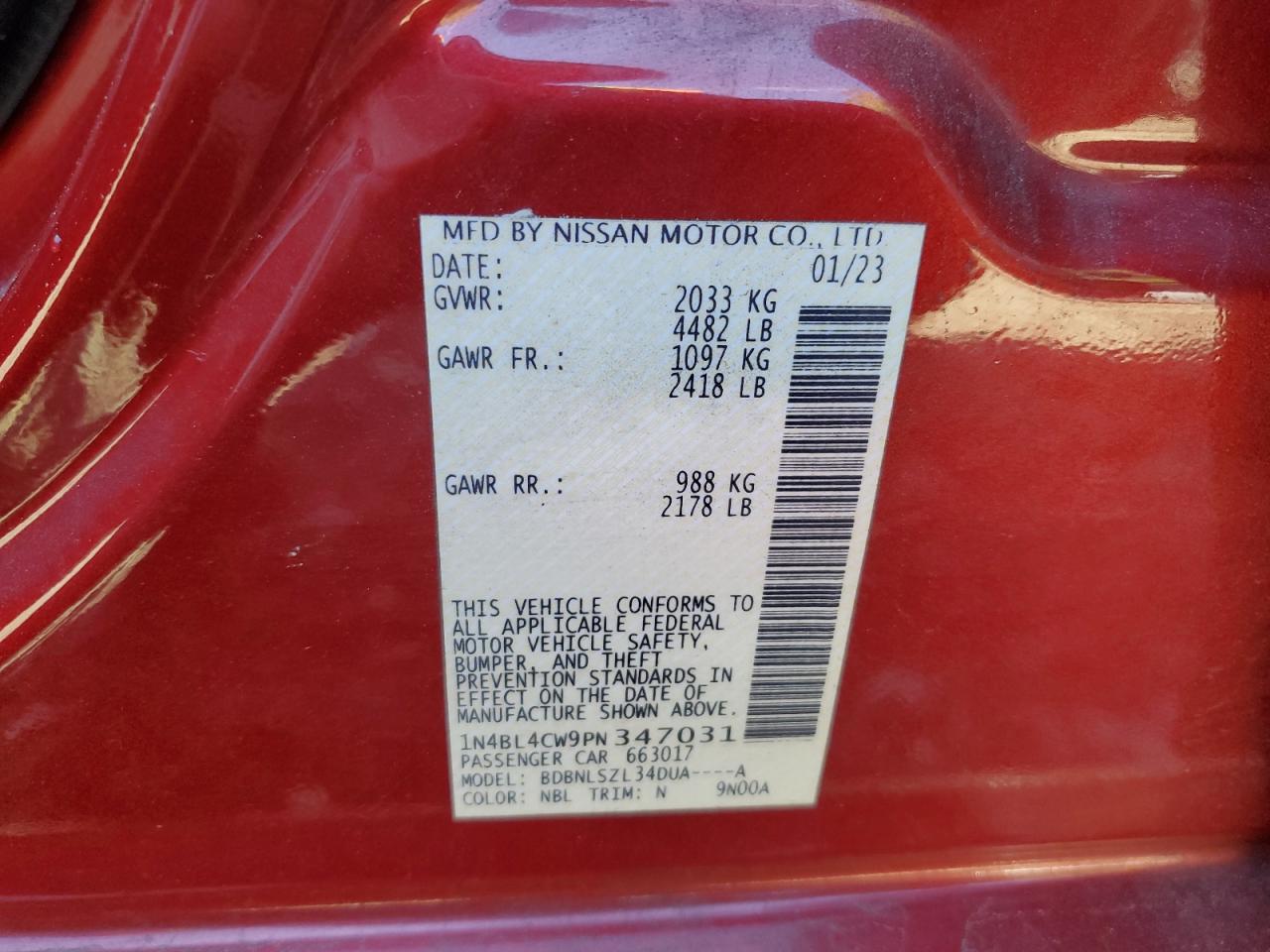 2023 Nissan Altima Sr VIN: 1N4BL4CW9PN347031 Lot: 82402655