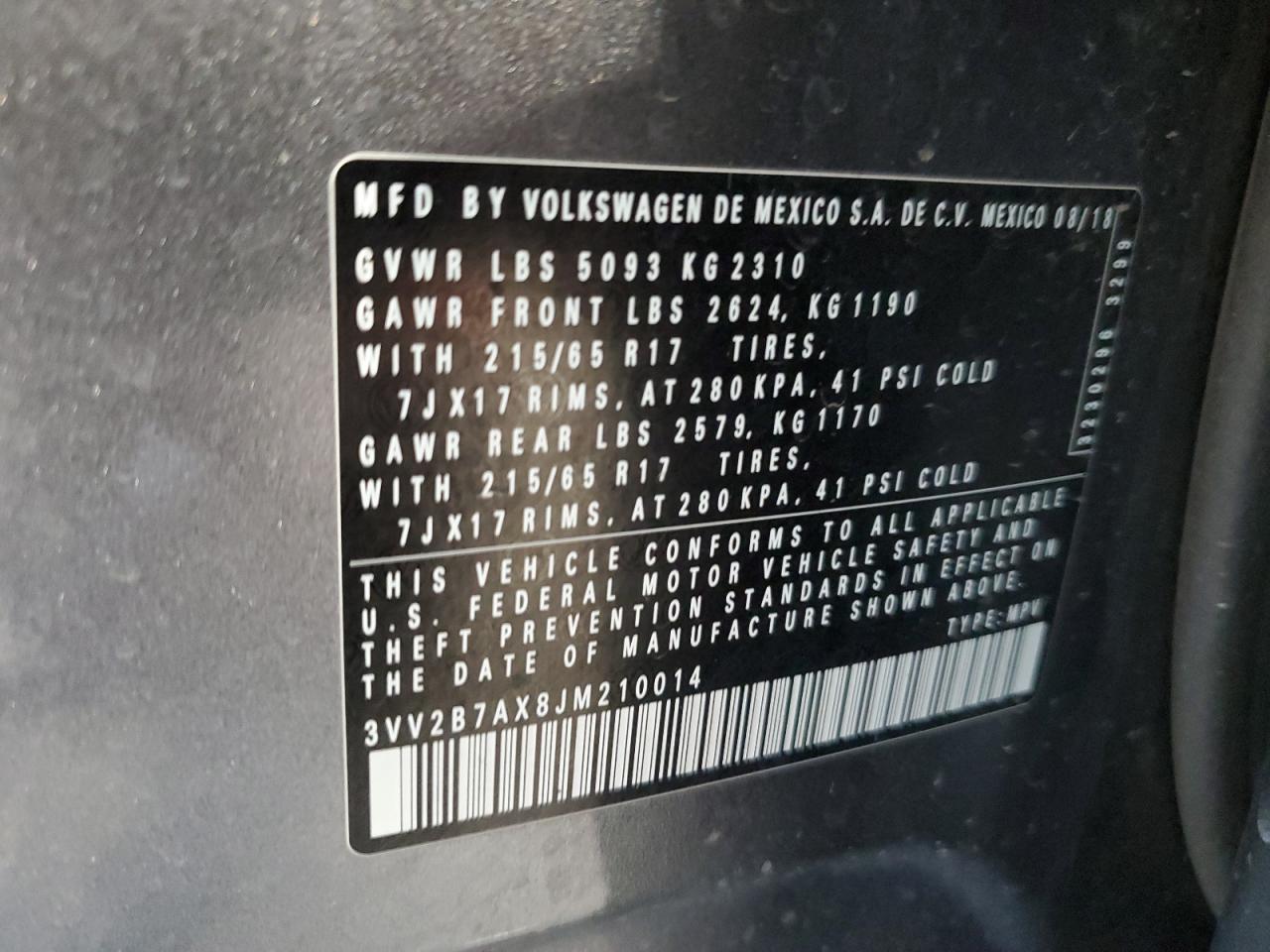 2018 Volkswagen Tiguan Se VIN: 3VV2B7AX8JM210014 Lot: 84449885