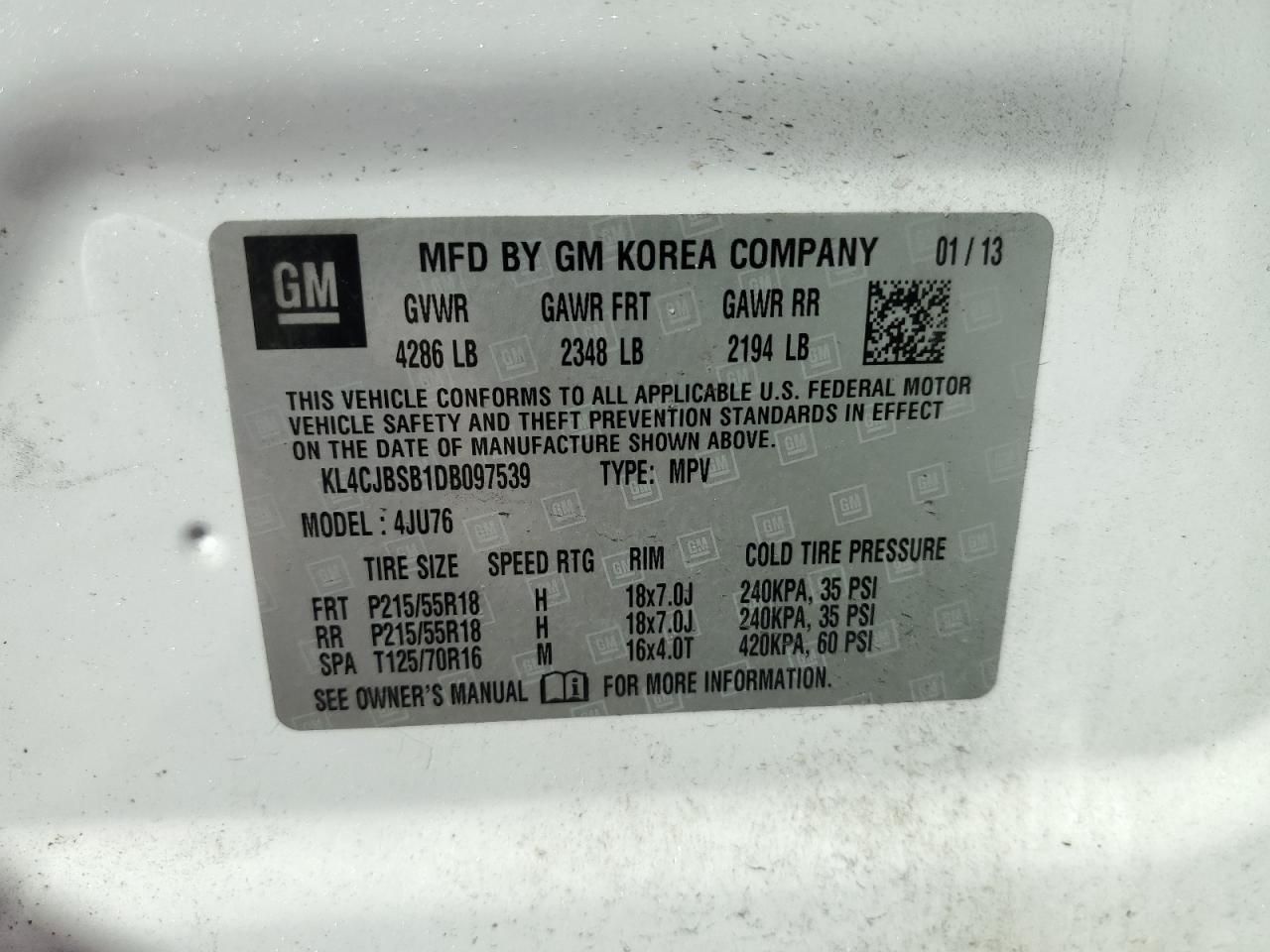 2013 Buick Encore Convenience VIN: KL4CJBSB1DB097539 Lot: 82494675