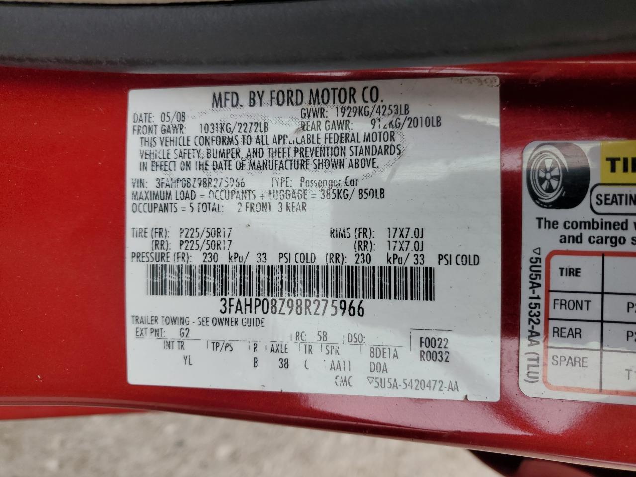 2008 Ford Fusion Sel VIN: 3FAHP08Z98R275966 Lot: 87061355