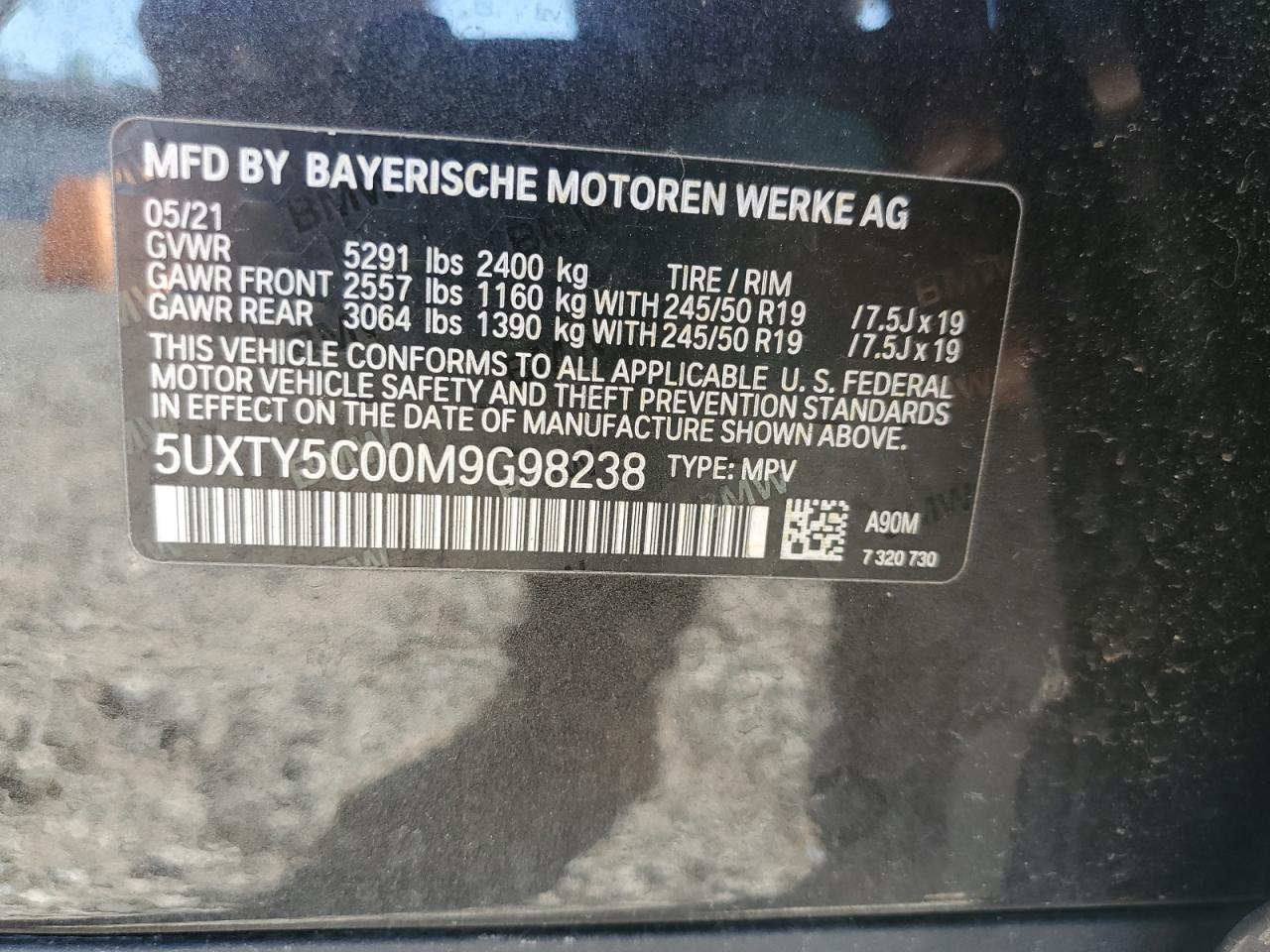 2021 BMW X3 xDrive30I VIN: 5UXTY5C00M9G98238 Lot: 84166585