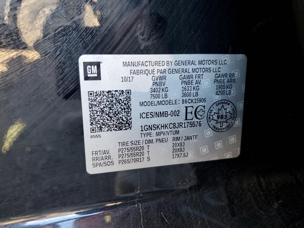 2018 Chevrolet Suburban K1500 Lt VIN: 1GNSKHKC8JR175576 Lot: 84744195