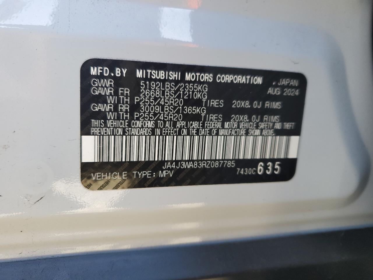 2024 Mitsubishi Outlander Sel VIN: JA4J3WA83RZ087785 Lot: 89689405