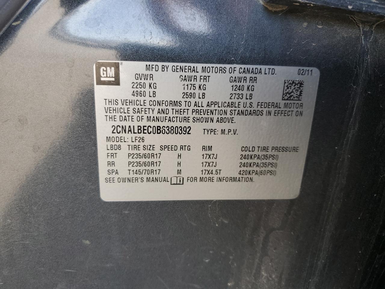 2011 Chevrolet Equinox Ls VIN: 2CNALBEC0B6380392 Lot: 85546975