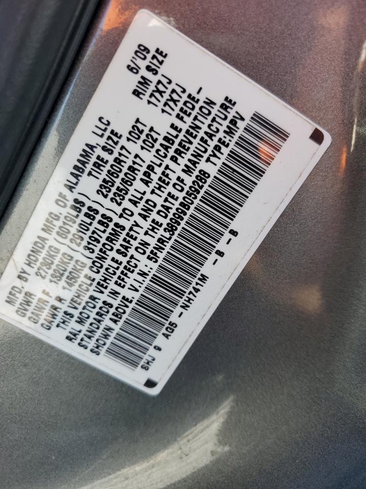 2009 Honda Odyssey Touring VIN: 5FNRL38999B059288 Lot: 87080475