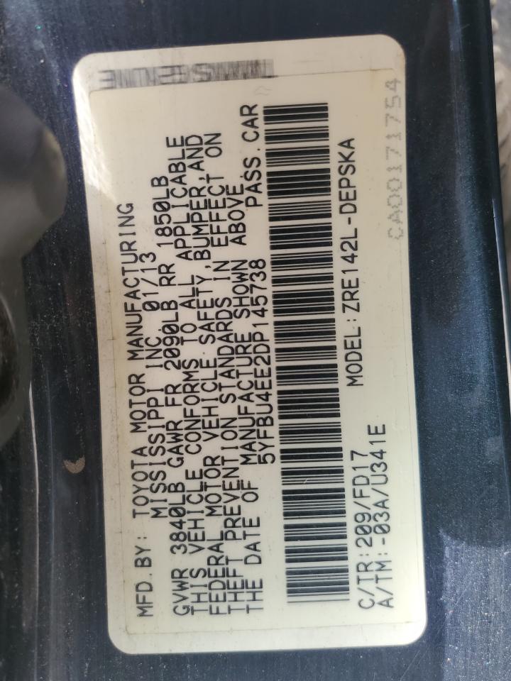 2013 Toyota Corolla Base VIN: 5YFBU4EE2DP145738 Lot: 85190345