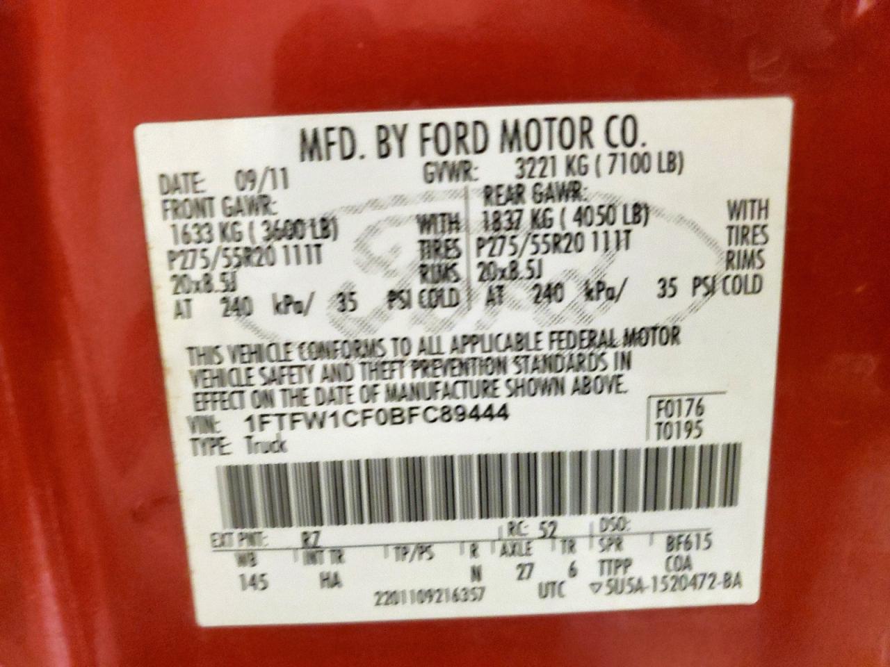 2011 Ford F150 Supercrew VIN: 1FTFW1CF0BFC89444 Lot: 82404775