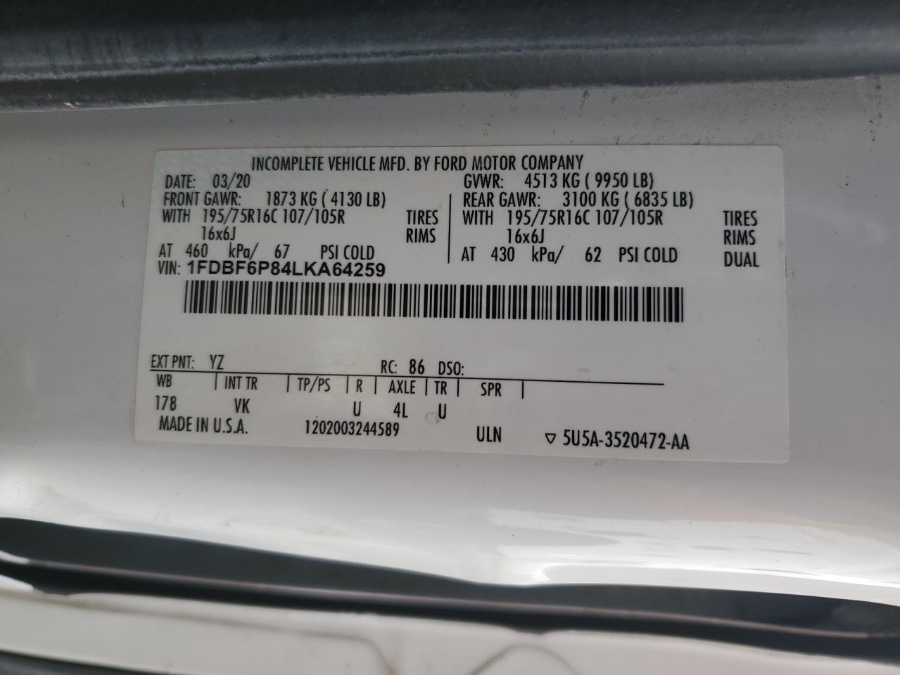 2020 Ford Transit T-350 Hd VIN: 1FDBF6P84LKA64259 Lot: 81843535