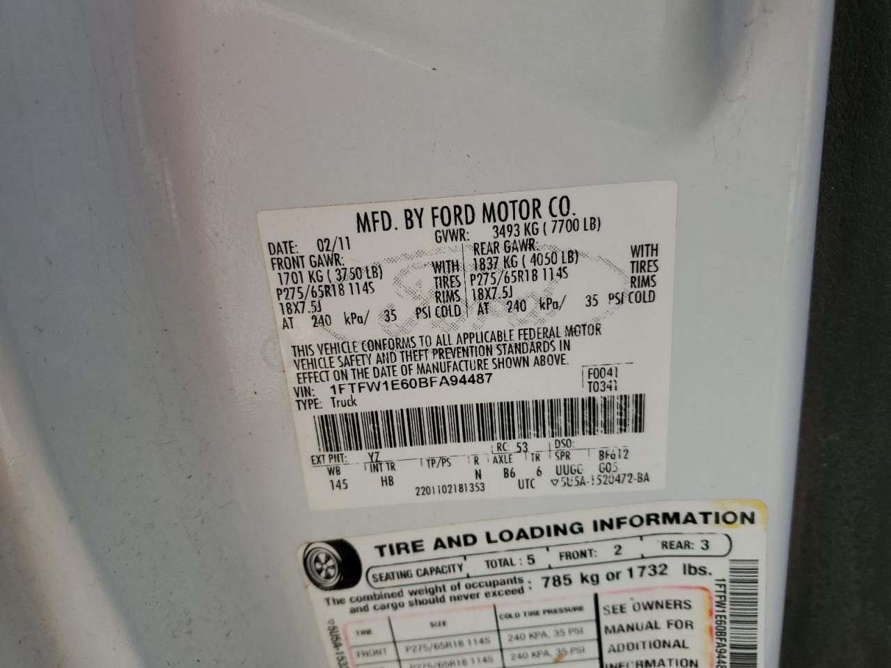 2011 Ford F150 Supercrew VIN: 1FTFW1E60BFA94487 Lot: 89507155