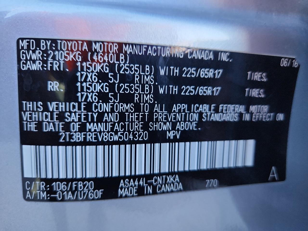 2016 Toyota Rav4 Le VIN: 2T3BFREV8GW504320 Lot: 82199865