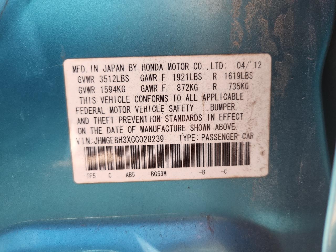 2012 Honda Fit VIN: JHMGE8H3XCC028239 Lot: 86095665