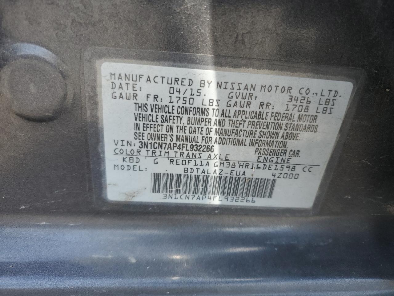 2015 Nissan Versa S VIN: 3N1CN7AP4FL932266 Lot: 85266705