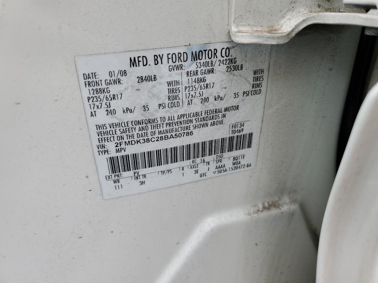 2008 Ford Edge Sel VIN: 2FMDK38C28BA50786 Lot: 90088495