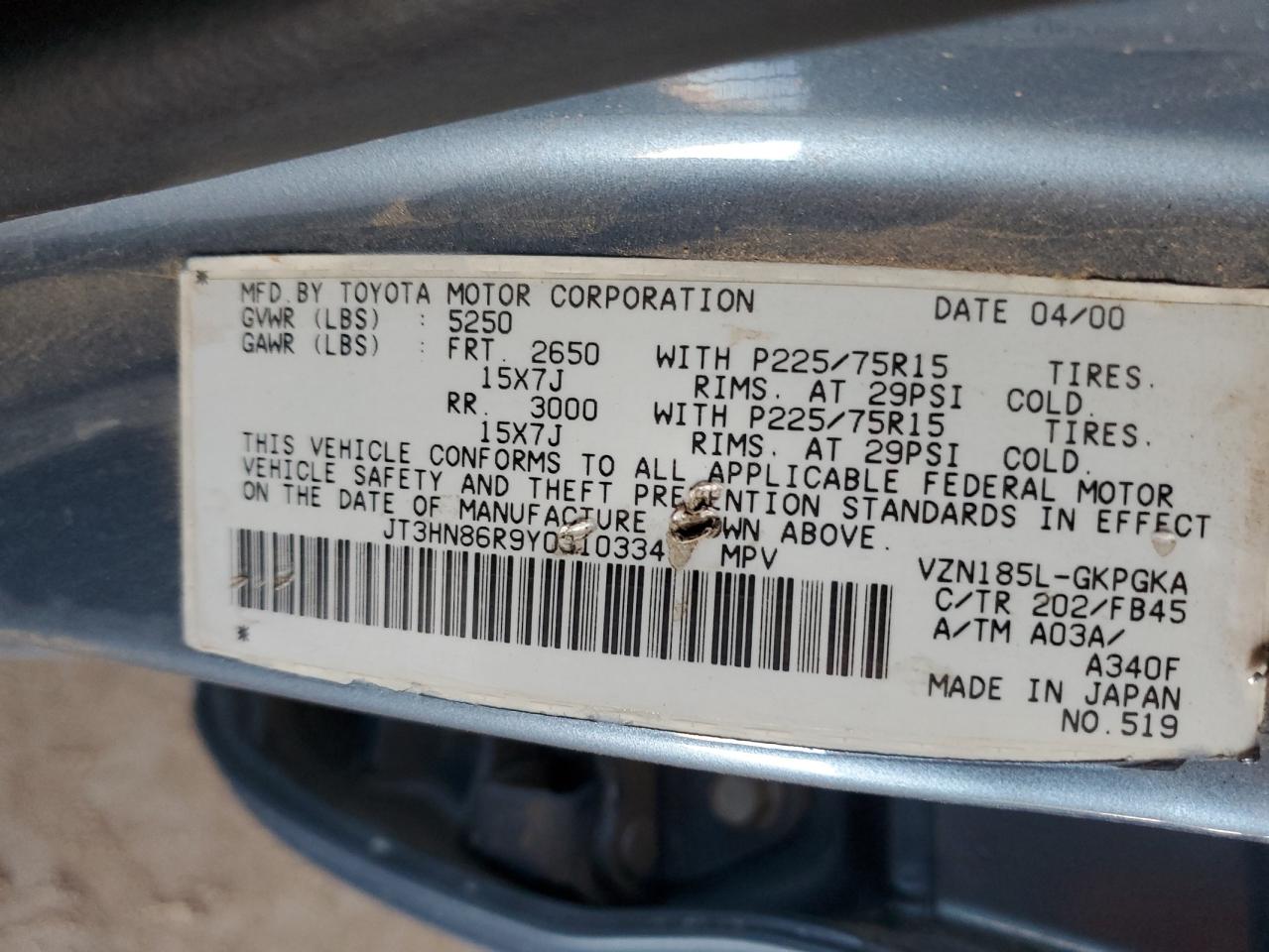 2000 Toyota 4Runner Sr5 VIN: JT3HN86R9Y0310334 Lot: 84952855