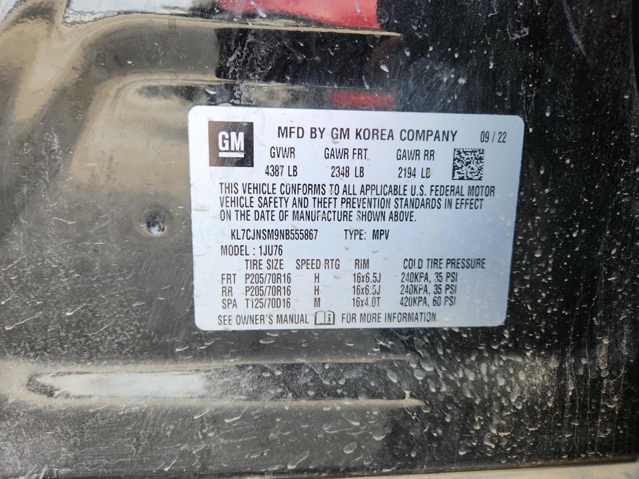 2022 Chevrolet Trax Ls VIN: KL7CJNSM9NB555867 Lot: 82660025