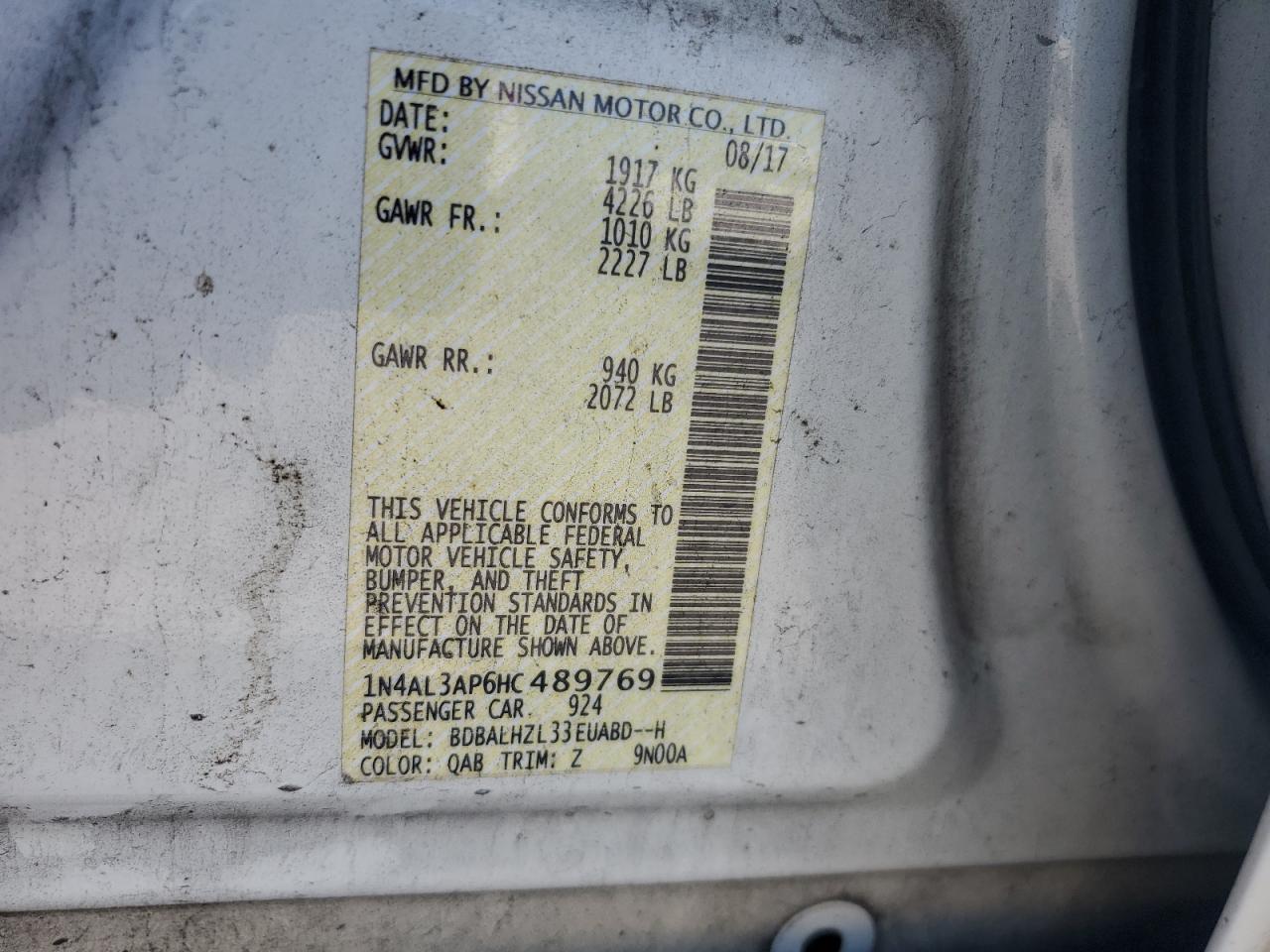 2017 Nissan Altima 2.5 VIN: 1N4AL3AP6HC489769 Lot: 86323105