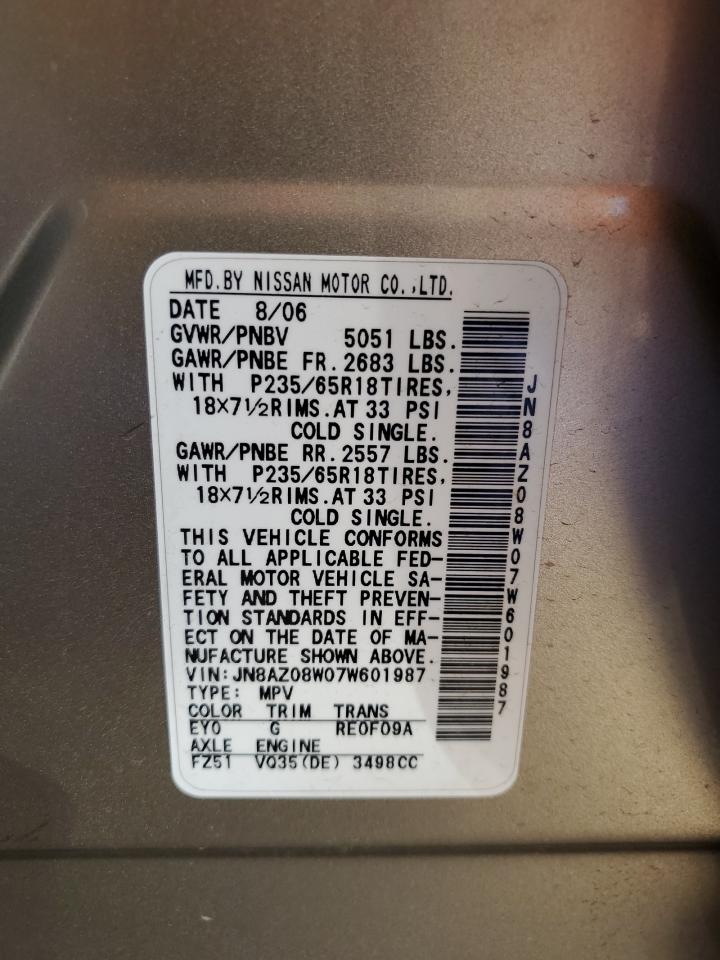 2007 Nissan Murano Sl VIN: JN8AZ08W07W601987 Lot: 84523965