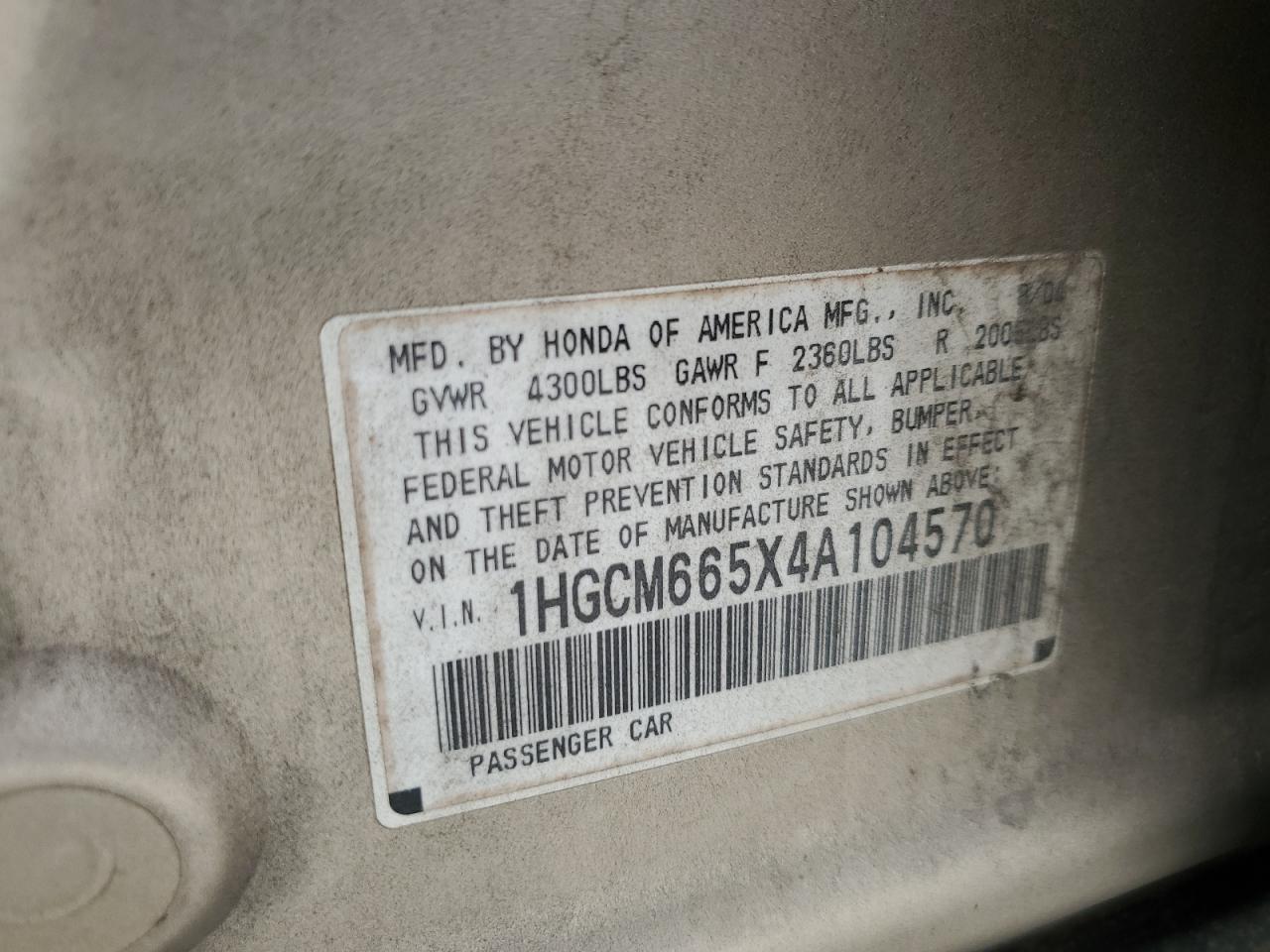 2004 Honda Accord Ex VIN: 1HGCM665X4A104570 Lot: 82347905