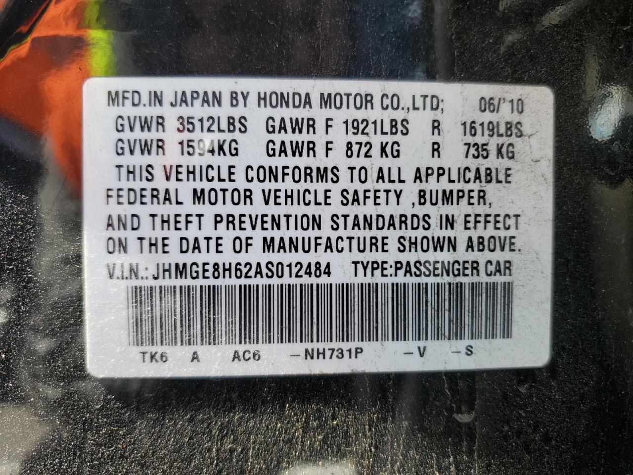 2010 Honda Fit Sport VIN: JHMGE8H62AS012484 Lot: 86180705