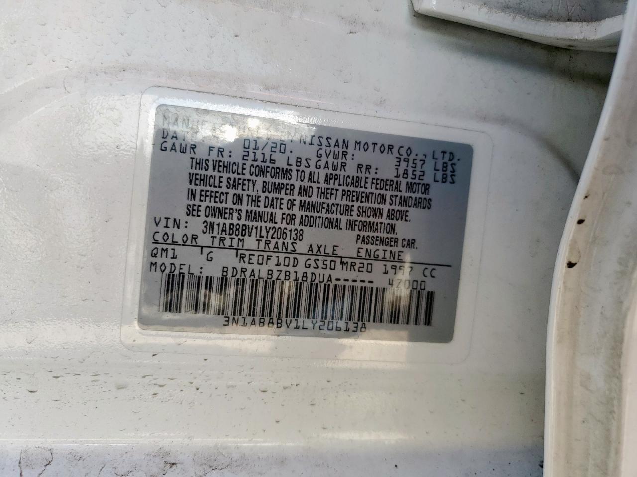 2020 Nissan Sentra S VIN: 3N1AB8BV1LY206138 Lot: 84704275