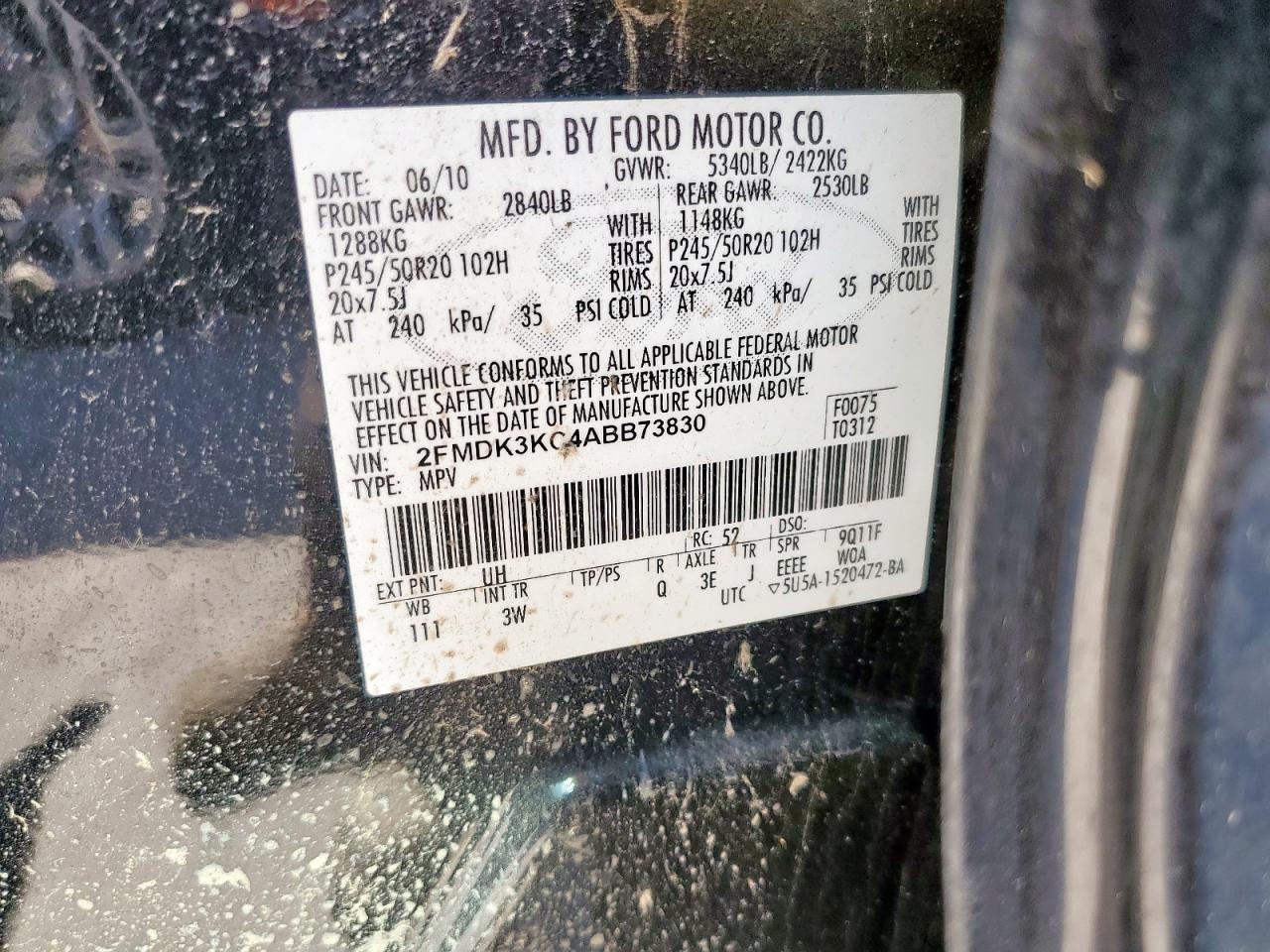 2010 Ford Edge Limited VIN: 2FMDK3KC4ABB73830 Lot: 85831735