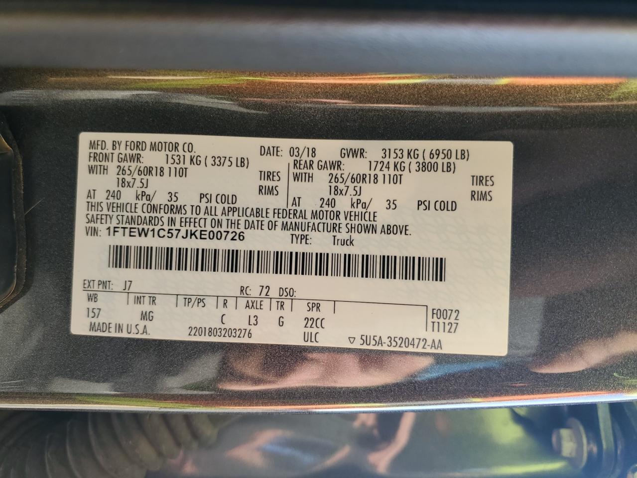 2018 Ford F150 Supercrew VIN: 1FTEW1C57JKE00726 Lot: 85917435