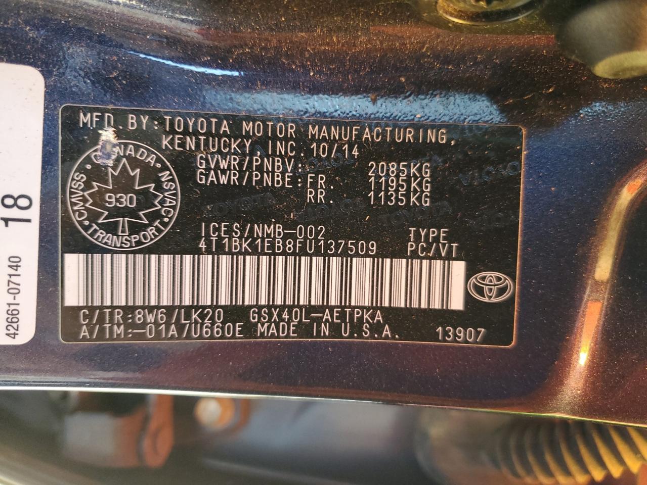 2015 Toyota Avalon Xle VIN: 4T1BK1EB8FU137509 Lot: 90287965