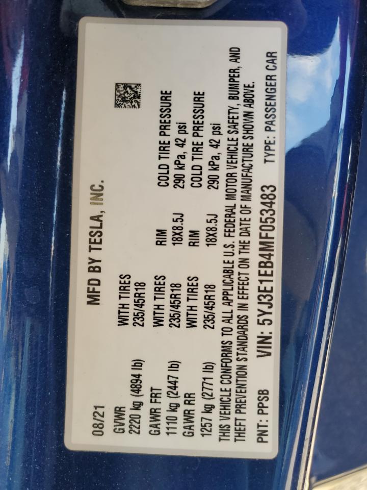 2021 Tesla Model 3 VIN: 5YJ3E1EB4MF053483 Lot: 82709945