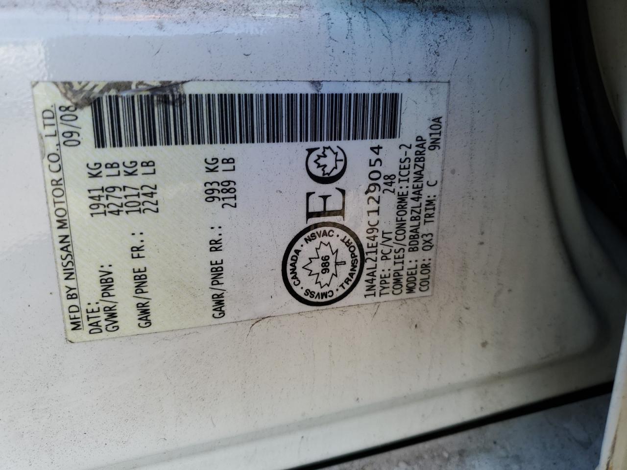 2009 Nissan Altima 2.5 VIN: 1N4AL21E49C129054 Lot: 86590825