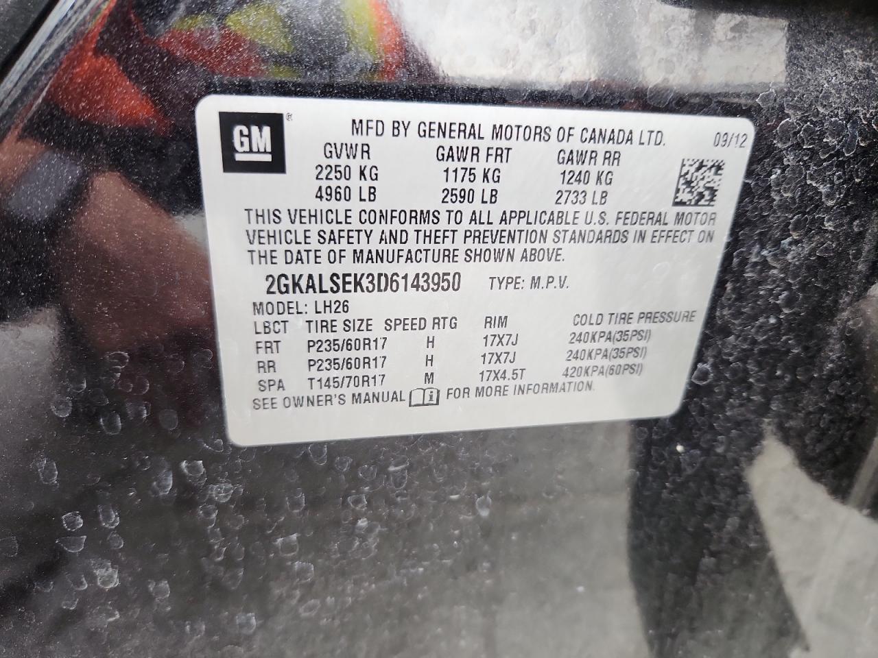 2013 GMC Terrain Sle VIN: 2GKALSEK3D6143950 Lot: 85931945